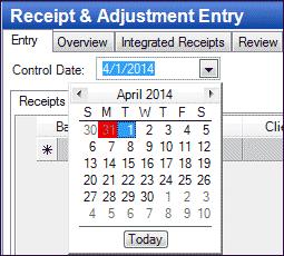 Entering receipts 1. In the Entry tab, click the button next to the Control date field. 2. Use the forward and back buttons at the top of the calendar to navigate to April and select April 1. 3.