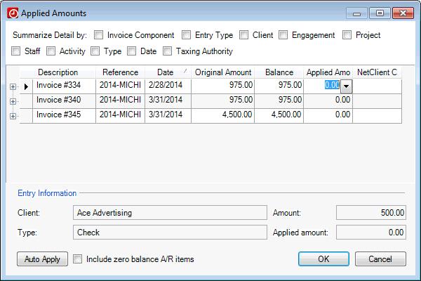 In the Applied Amounts dialog, you can use the Applied column to enter the amounts to be applied to each outstanding
