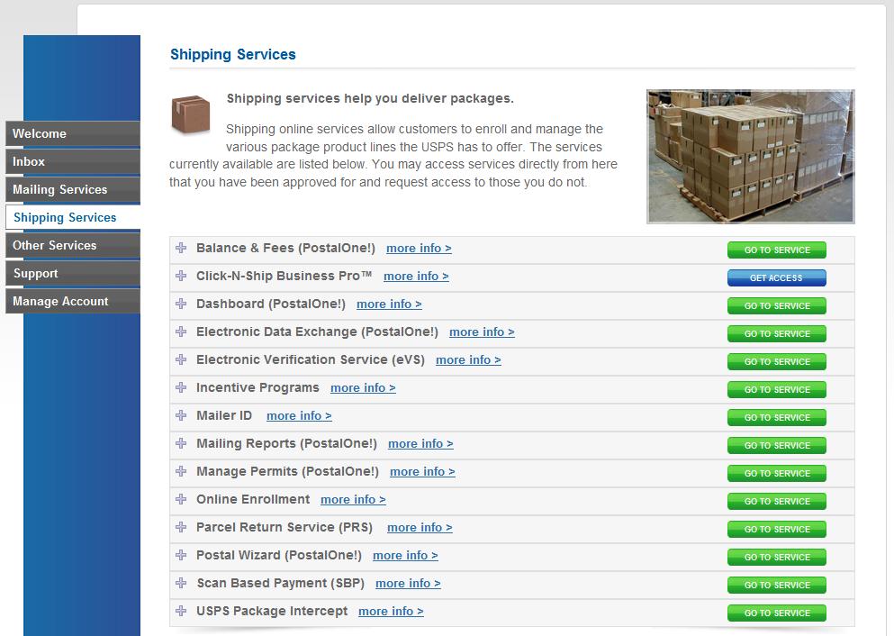 Shipping Services Once the user is signed into the BCG, they can navigate to Shipping Services Click-N-Ship Business Pro.