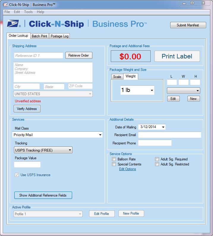 Click-N-Ship Business Pro After configuration and authentication is complete, customers have access to print labels.