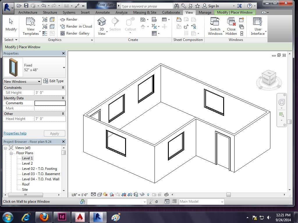 Revit Now we have a space with doors and windows, but I want to see what it looks in 3D. Click the View tab in the ribbon and then click the 3D View button.