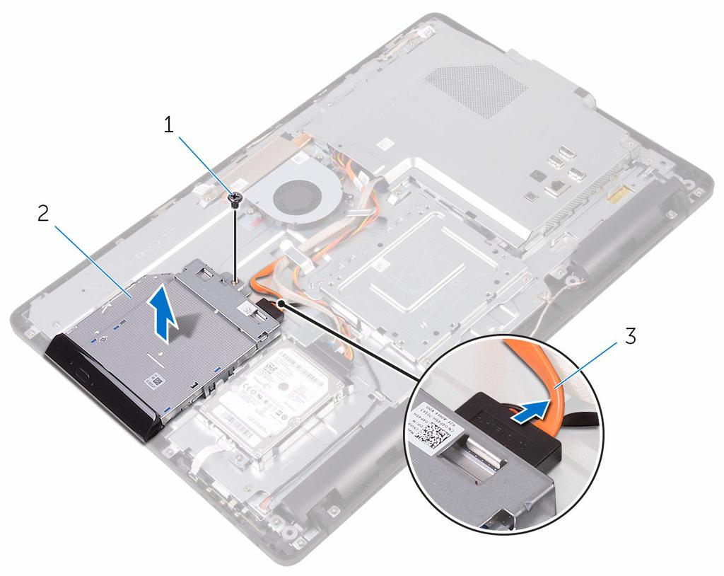 1 screw 2 optical drive 3 optical-drive cable 4 Carefully pull the optical-drive bezel and remove it from the optical drive.