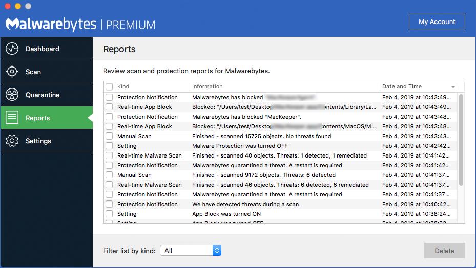 Reports Malwarebytes saves records of events that occur in the application. You can review these by clicking the Reports button on the left side of the interface.