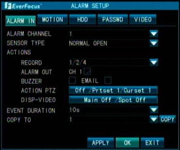 4.1.2 Alarm In the Alarm Menu, you can configure the Alarm Settings and Event Settings including Motion Detection, HDD Fail, Wrong Password and Video Loss. 4.1.2.1 Alarm In Alarm Channel :Select an alarm channel.