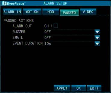 4.1.2.4 PASSWD You can configure the alarm settings for the DVR when entering wrong password. Password Actions Alarm Out: Select an alarm output channel for outputting the signal.