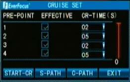 Cruise Set: After setting up the preset positions, you can configure a Cruise function for the PTZ camera to turn to multiple preset positions automatically. To set up the Cruise: 1.