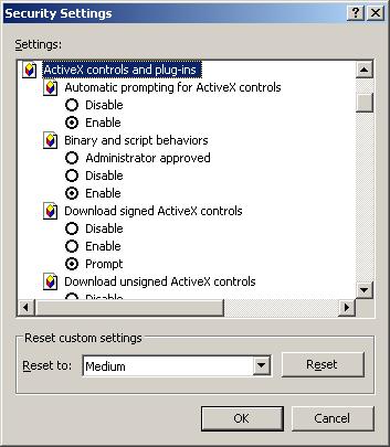 3. In the Security Settings window, scroll to ActiveX controls and plug-ins.