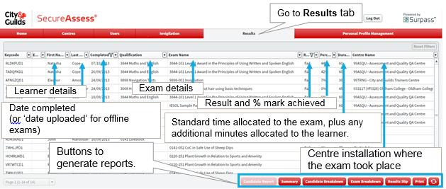 The Results Screen Each row in the Results tab is an individual test for an individual learner. The Grade column shows the overall result for the test (Fail, Pass, Credit, etc.).