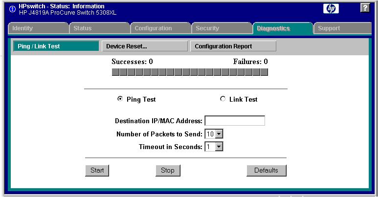 Diagnostic Tools Web: Executing Ping or Link Tests 2. Click here. 1. Click here. 3. Select Ping Test (the default) or Link Test 4. For a Ping test, enter the IP address of the target device.