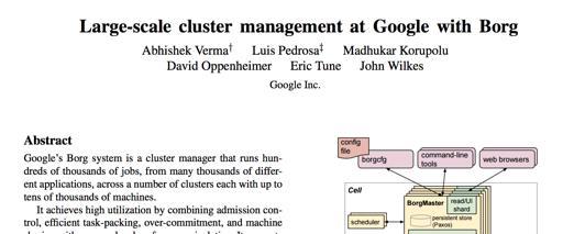 Borg GIFE 2015 paper from Google: https://research.google.com/pubs/pub43438.html Engineers who worked on Borg now work on Kubernetes: http://blog.kubernetes.