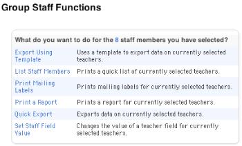 2. Click Stored Searches. The Stored Staff Searches page appears. 3. Click the Search icon next to the stored search. The Group Staff Functions page appears and asks what to do with your selection.
