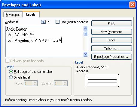 3. Type a name and address in the label area, exactly as you would want it to appear when printed. 4. Click the Options button to change the type of label being used. 5.