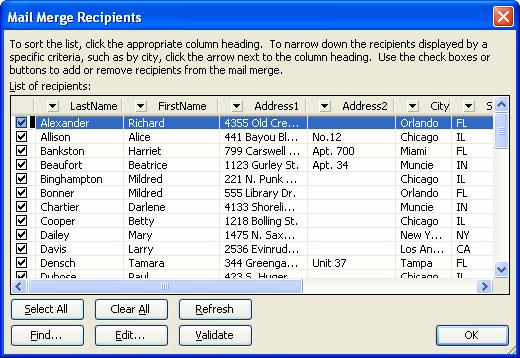 Section 3 - Printing Selective Records 1. In your main labels document, open the Mail Merge Recipients dialog box (using the button on the Mail Merge toolbar.