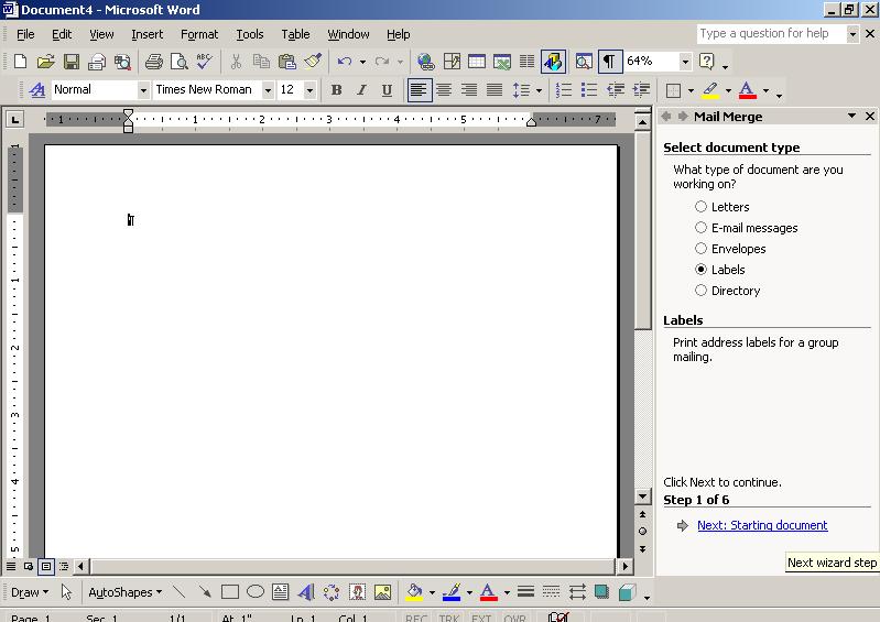 The Wizard opens in the Task Pane (on the right side of the window) and displays Steps 1-6. Step 1 is Select document type. Choose (click) the document type (e.g., labels).