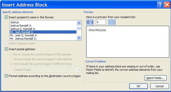 9. Once you click on Address Block the above window comes up where you can choose the format of the recipient s name, whether to include a postal address, and whether you would