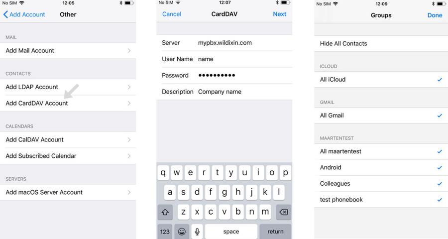 Go to iphone Settings -> Accounts & Passwords Select Add Account Select Other Select Add CardDAV Account Enter the Server name (PBX