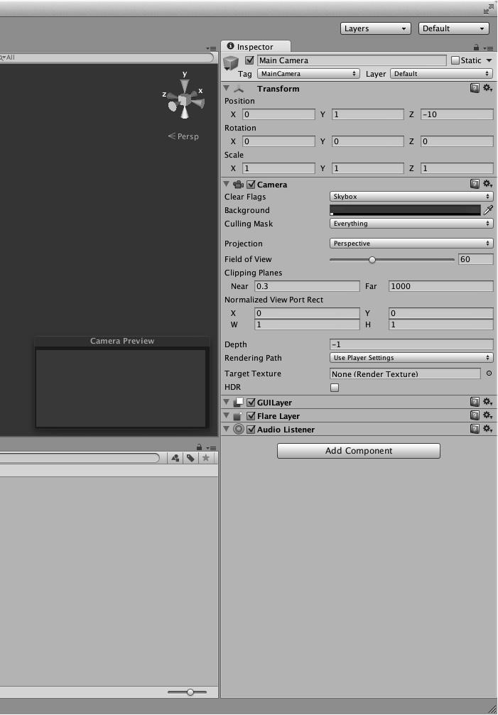 Getting Started with Unity and Playmaker The following screenshot shows the default interface layout in Unity. Let us start with the Project tab that you can see on the bottom of the screen.