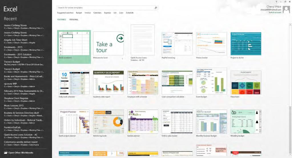 Microsoft Excel will open. If Excel 2013 has been used previously then Backstage View will be displayed as shown below.