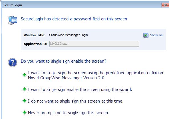2 Select I want to single sign the screen using the predefined application definition.