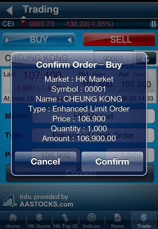 5. The Confirm Order pop up window will display all order details.