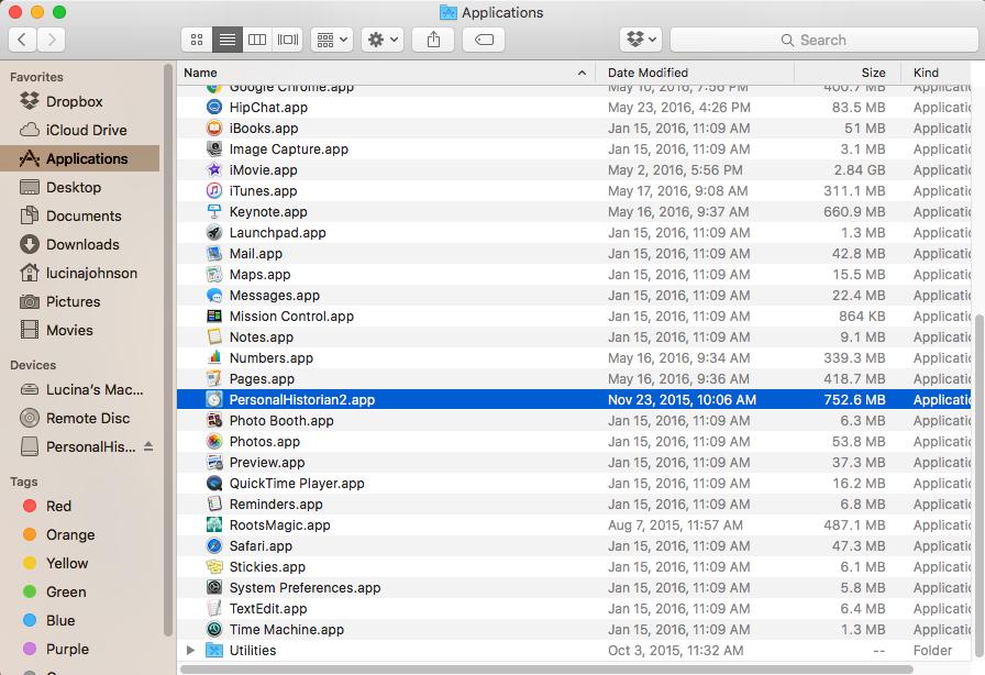 Dock. E. Adding the Personal Historian shortcut icon to your Dock 1. Open your Finder window. 2. Select Applications from the left panel. 3.
