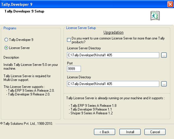 The following setup screen shows the Tally License Servers already installed in the