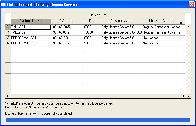 6. The button List of License Server is used to list all the compatible Tally license servers which is available as shown below: Please restart the application Tally.
