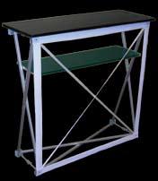 shelves & tables Items #3686, #3687, #3688 Item #1585 Pop-up Podium Black Table Top (#3686) White Table Top (#3687) Wood Grain Table Top (#3688) Graphic For Pop-up Podium