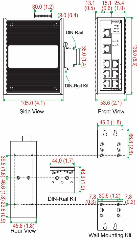 Mounting Dimensions Unit = mm (inch) DIN-Rail Mounting The aluminum DIN-Rail attachment plate should already be fixed to the back panel of the EDS-405A/408A when you take it