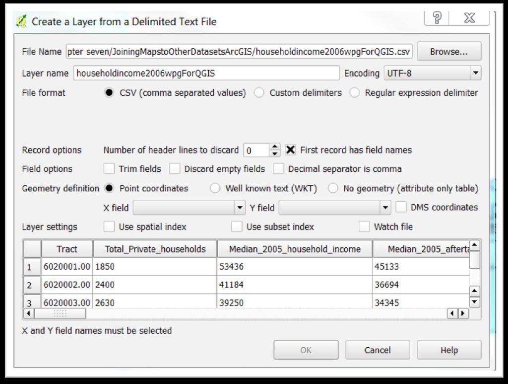 Next, we get a Create a Layer from a Delimited Text File dialogue box. QGIS has rightly guessed that it s a csv file.