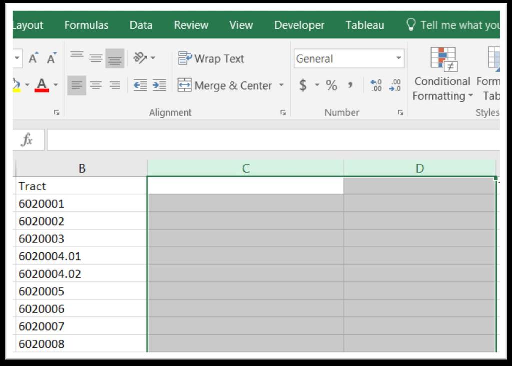 Create two columns to the right of column B.