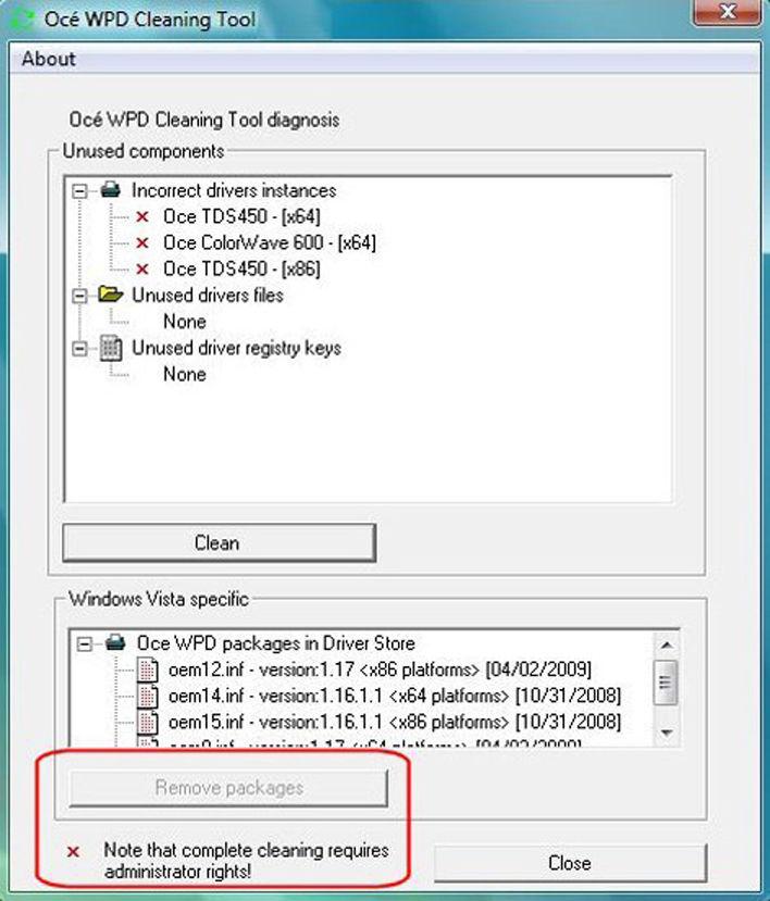Use 'Océ WPD Cleaning Tool' Illustration Run the 'Cleaning Tool' on a client workstation 1. Double-click the 'Ocewpd_clean.exe' executable file to run the 'Cleaning Tool'.