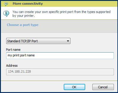 Then Select 'Use the port recommended by Oce Connect Assistant.' Click 'Next'. define your own print port for a specific connectivity Select 'Use a specific connectivity'.
