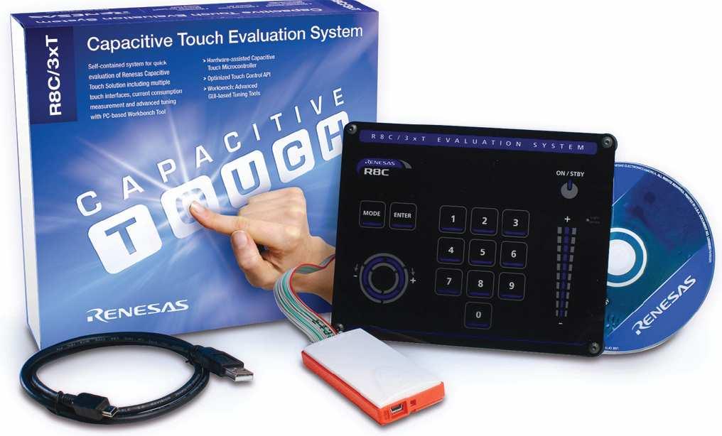 Capacitive Touch Lab Hardware Renesas Demo Kit for R8C/33T Full featured development platform Includes E8a debugger HEW IDE environment and trial compiler Touch software source included Workbench