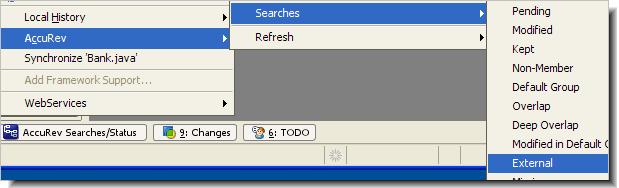 1. Invoke the command AccuRev > Searches > External to list the workspace s external files at the