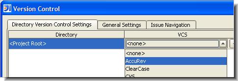 6. On the Directory Version Control Settings tab, in the Directory entry for <Project Root>, choose AccuRev from the drop-down VCS list. 7. Click OK, then Close to dismiss all the pop-up windows. 8.