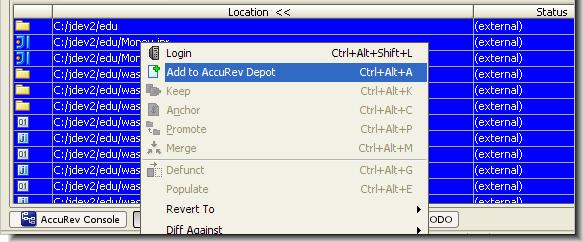 You can convert such files to versioncontrolled elements with the Integration s Add to AccuRev Depot command.