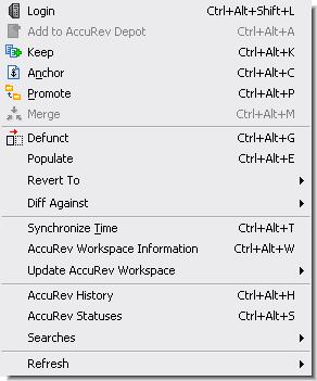 AccuRev Commands You can invoke a substantial number of AccuRev s version-control commands from context (rightclick) menus and from the Version Control > AccuRev menu.