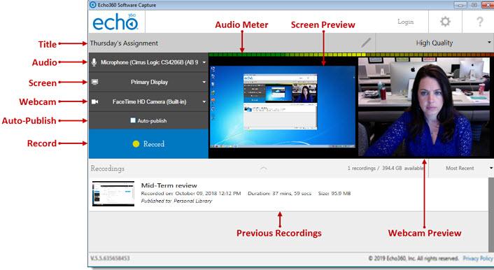 3. Ready to go? Click Record. Echo360 will display a 5 second countdown, then minimize to the taskbar. When recording, the Echo360 icon in the taskbar will appear with a red dot.