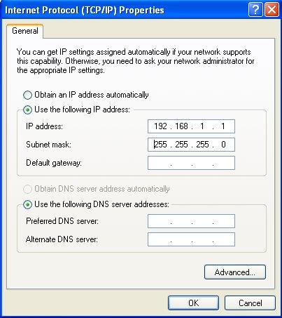 This is where you setup the IP address for your PC. Here (see below) you will have to choose the use the following IP address option and fill in the IP address that you want to use for your PC.