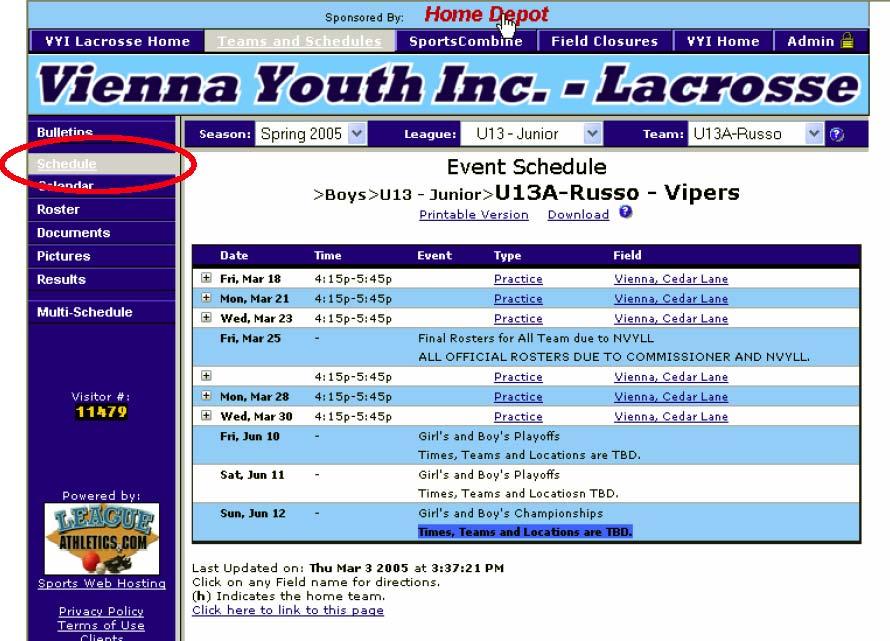 To view the schedule in a calendar format, click the Calendar tab on the left side of the team page.