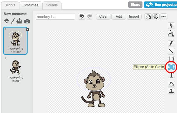 If you click on your new monkey sprite and then click Costumes, you can edit how the monkey looks.