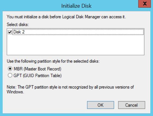 a. Verify that the new disk is selected and click OK. b.