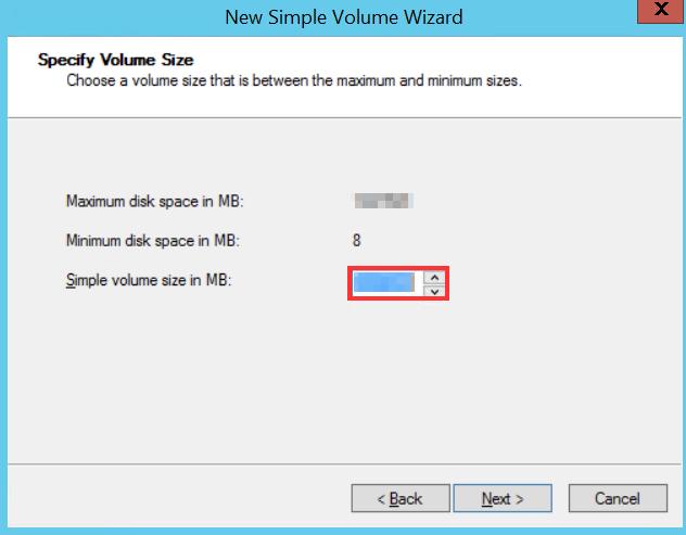 d. In the Simple volume size in MB section, select a size equal to the maximum disk space and click Next. The Assign Drive Letter or Path page of the wizard opens. e. Select Assign the following drive letter radio button and from the drop-down menu, select your drive.