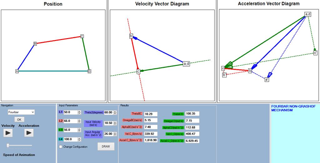5. Diagram Window This is the window where the vector diagrams are drawn, and animation can be seen. It has three sections consisting of position, velocity, and acceleration vector diagram. 5.