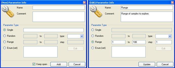 The underlying type of the parameter is string. For all the parameters described above a name is mandatory while the user can enter an additional comment that specifies the role of the parameter.