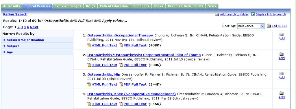 RRC Results page basic search for osteoarthritis Use these tabs to narrow your