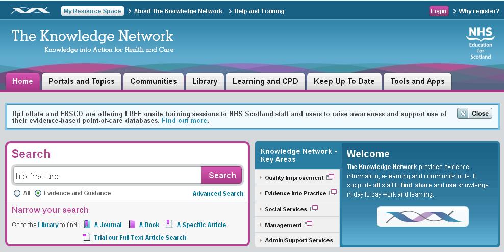 Evidence and Guidance Search on The Knowledge Network You can search across multiple point of care, evidence and guideline resources by using the Evidence & Guidance search on The Knowledge Network.
