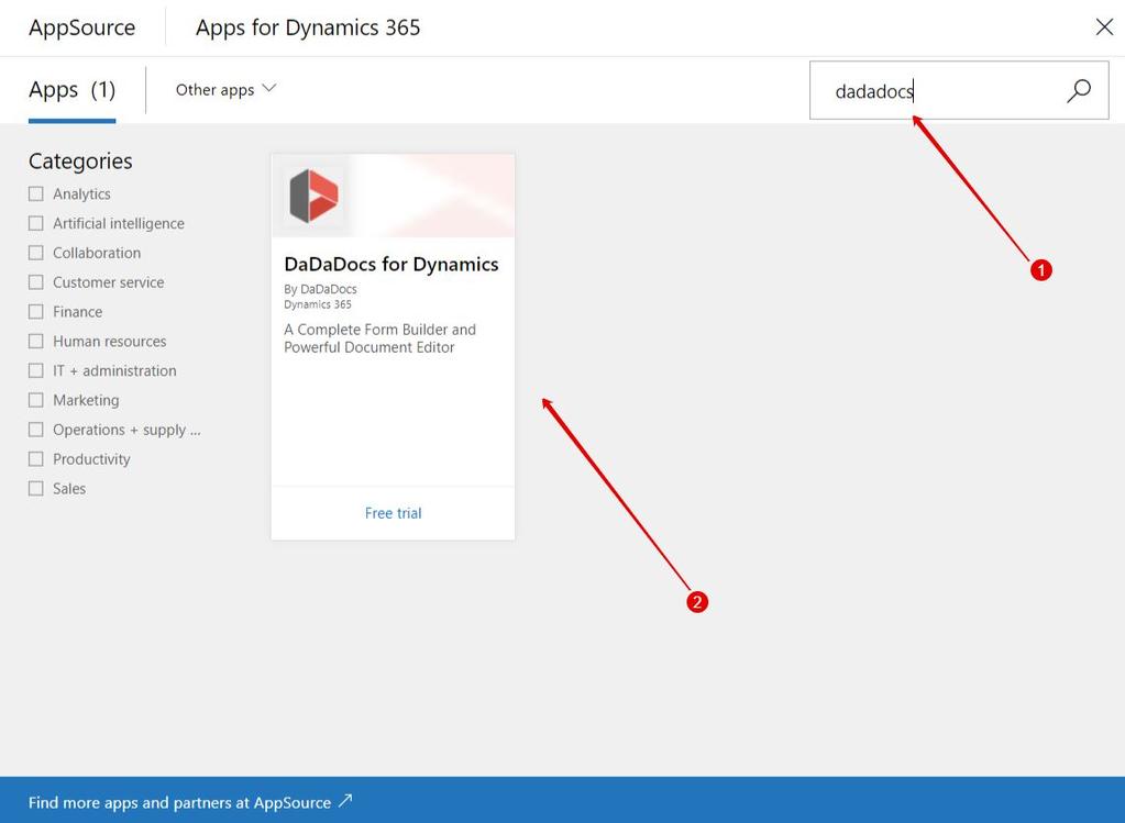 DaDaDocs for Dynamics 365 3 3. Click Free trial on the DaDaDocs application page.