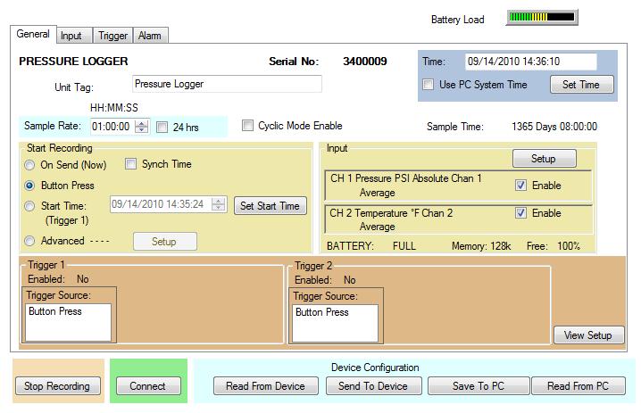 3.9. Device Setup The Device Setup Tab is used to configure the actual logger. Options under this tab depend on the type of device attached to the USB port.